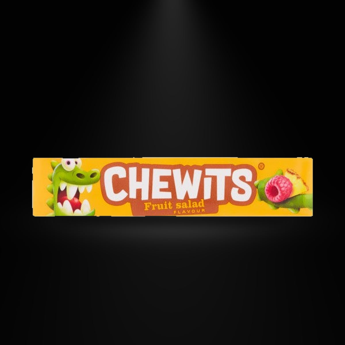 Chewits Fruit Salad 30gm on a black background with an overhead spotlight
