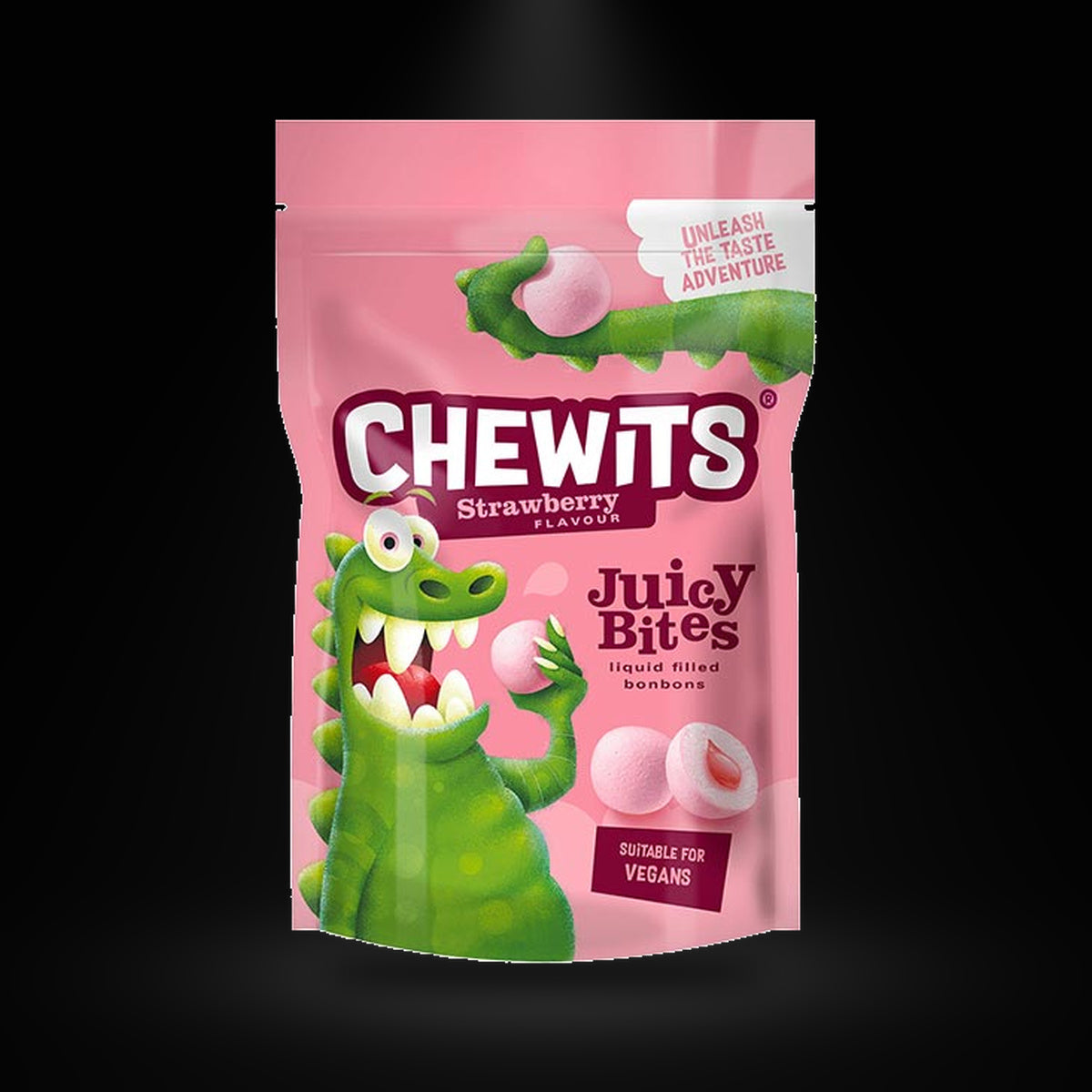 Chewits Strawberry 115g on a black background with an overhead spotlight
