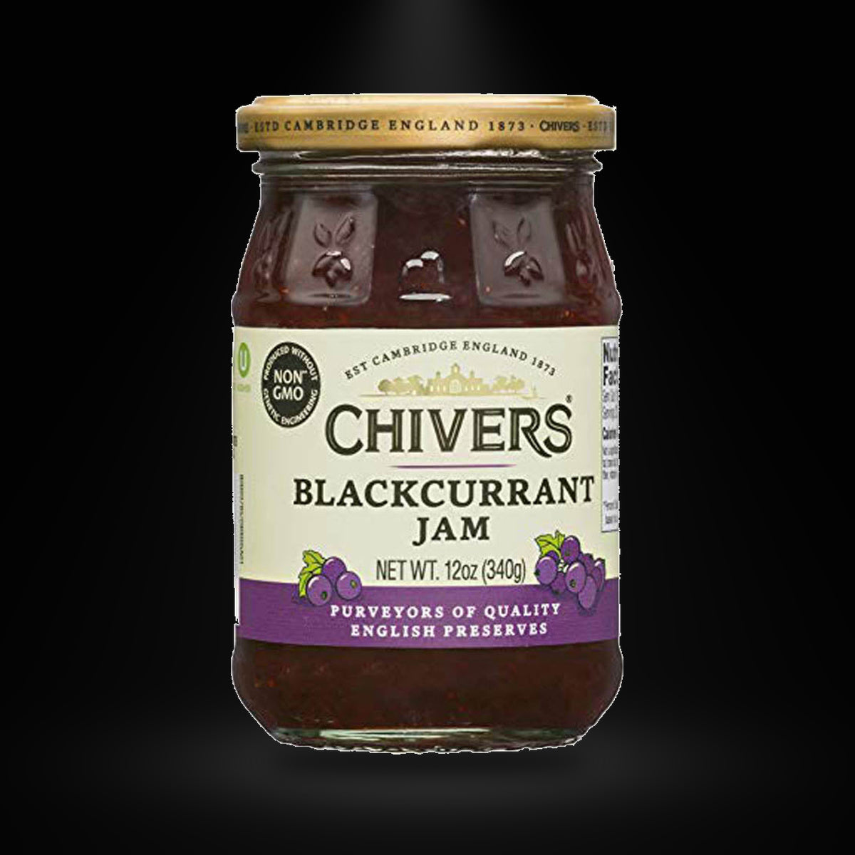 Chivers Blackcurrant Jam 340gm on a black background with an overhead spotlight