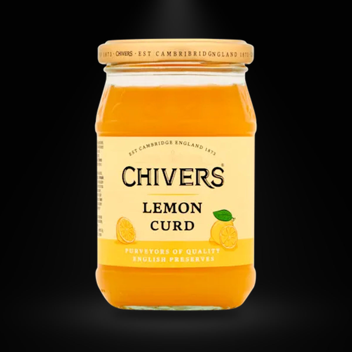 Chivers' Lemon Curd 320g on a black background with an overhead spotlight