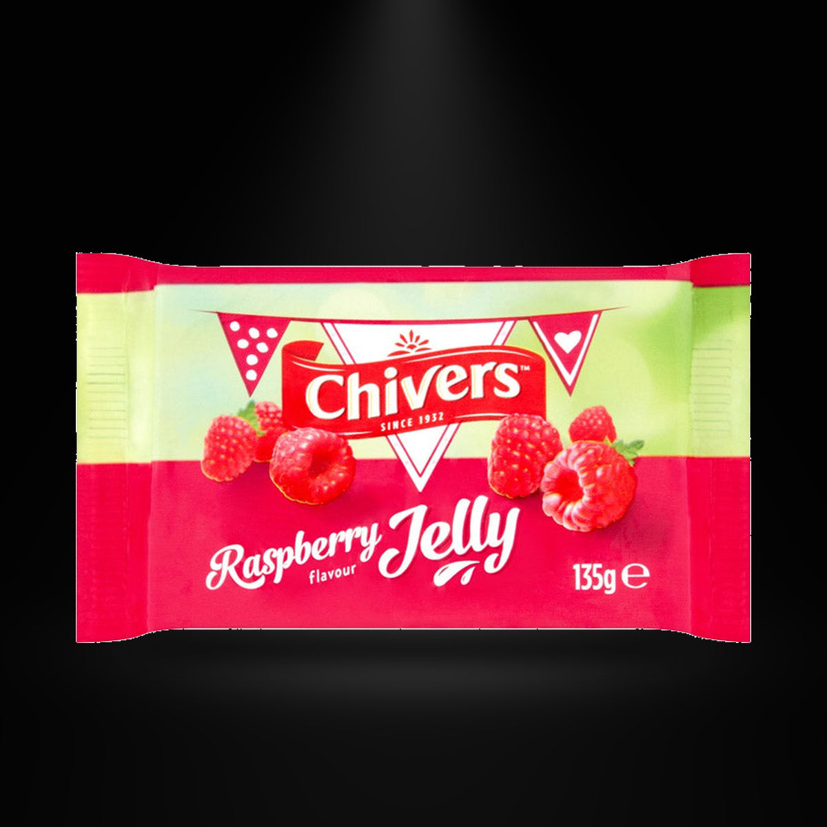 Chivers Raspberry Jelly 135gm on a black background with an overhead spotlight