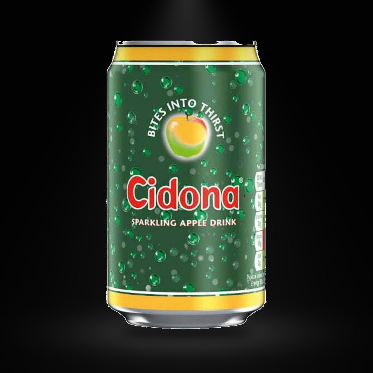 Cidona 330ml on a black background with an overhead spotlight