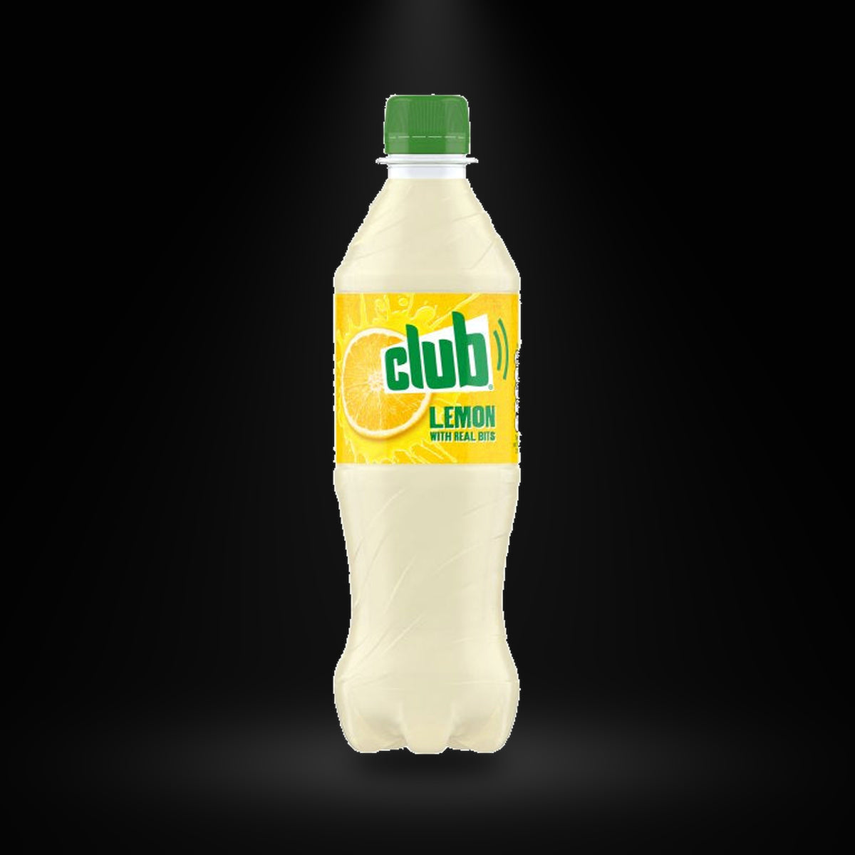 Club Lemon 500ml on a black background with an overhead spotlight