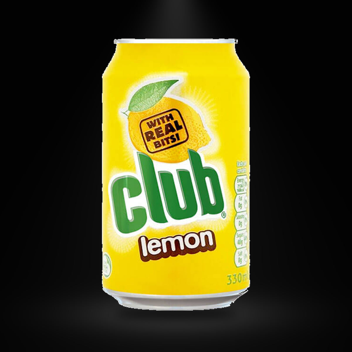 Club Lemon Can on a black background with an overhead spotlight