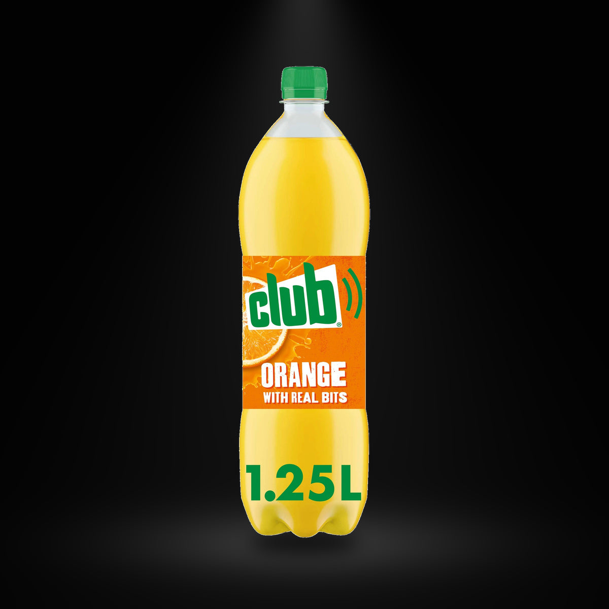 Club Orange 1.25 L on a black background with an overhead spotlight