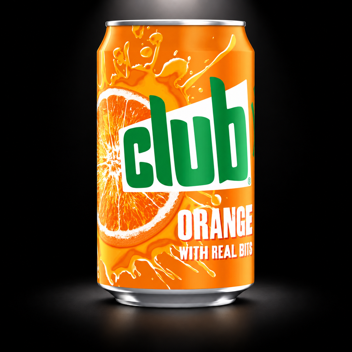 Club Orange Slim 330ml on black background with overhead spotlight