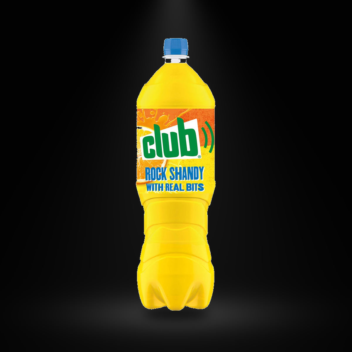 Club rock shandy 1.75L on a black background with an overhead spotlight