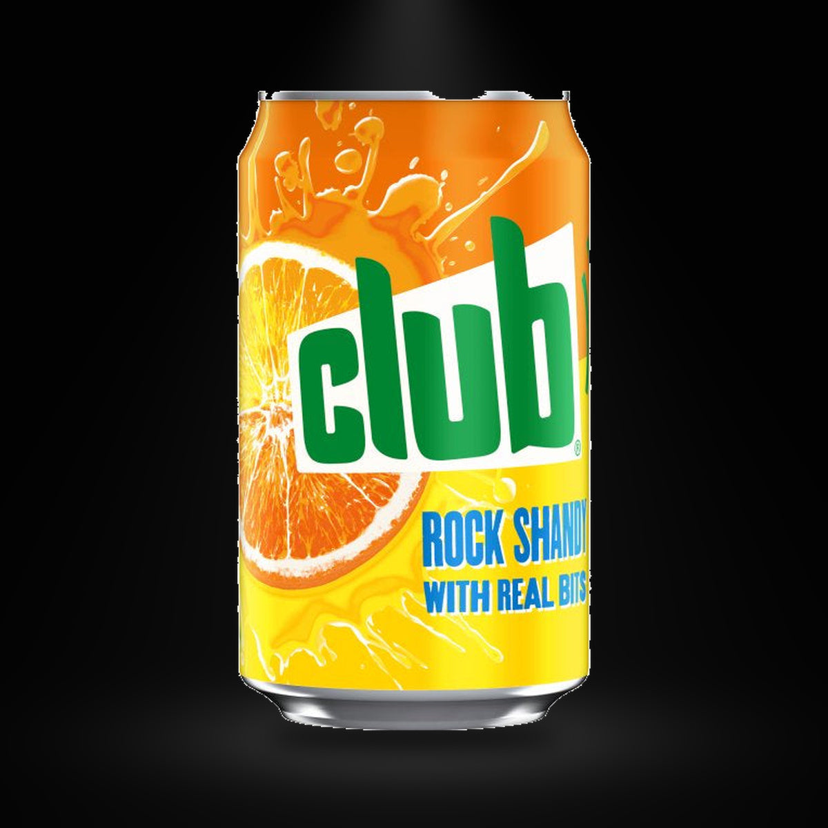 Club Rock Shandy 330ml on a black background with an overhead spotlight