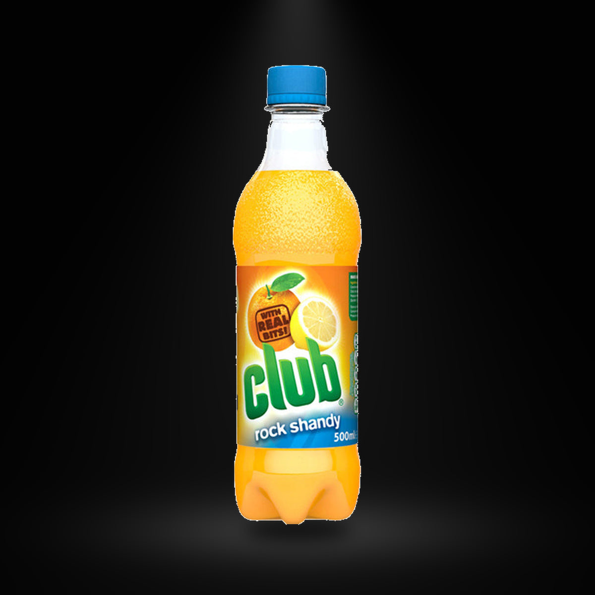 Club Rock Shandy 500ml on a black background with an overhead spotlight