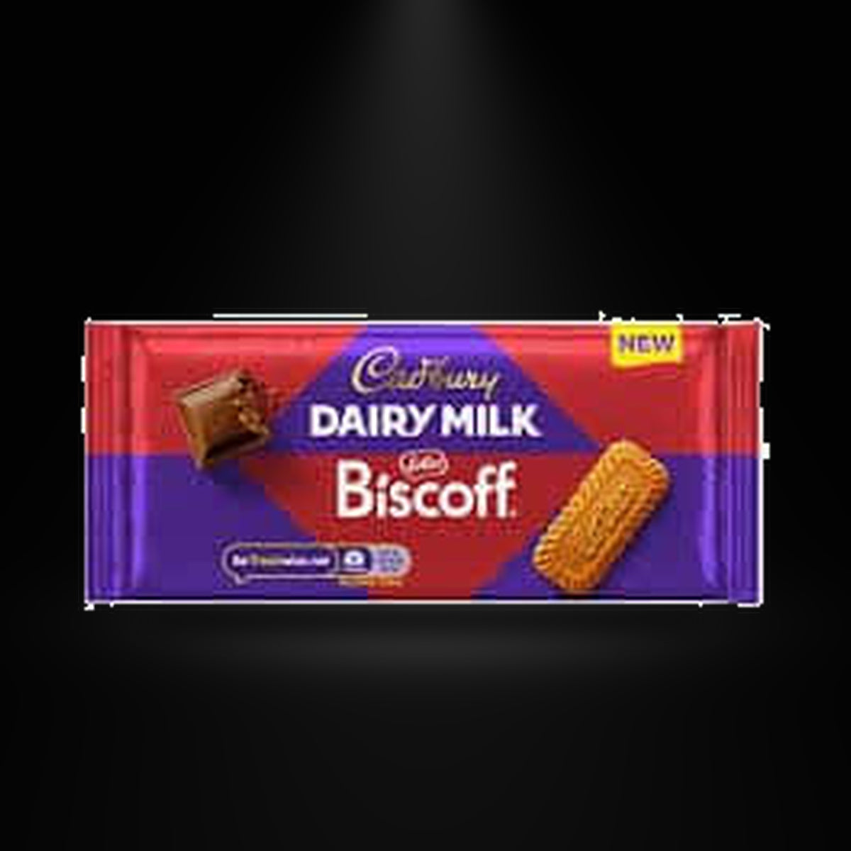 Dairy Milk Biscoff 95gm on a black background with an overhead spotlight