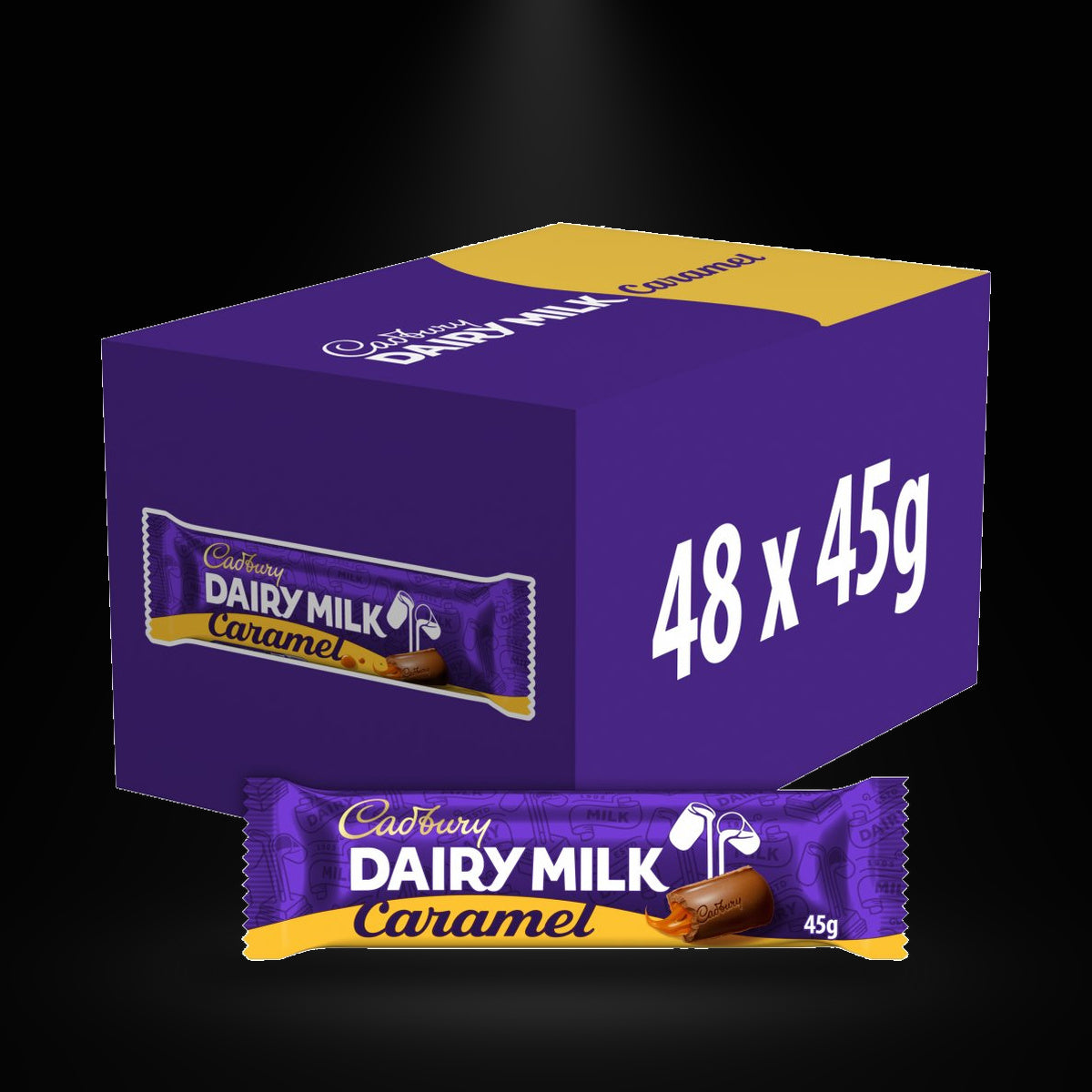 Dairy Milk Caramel Bar 45g on a black background with an overhead spotlight