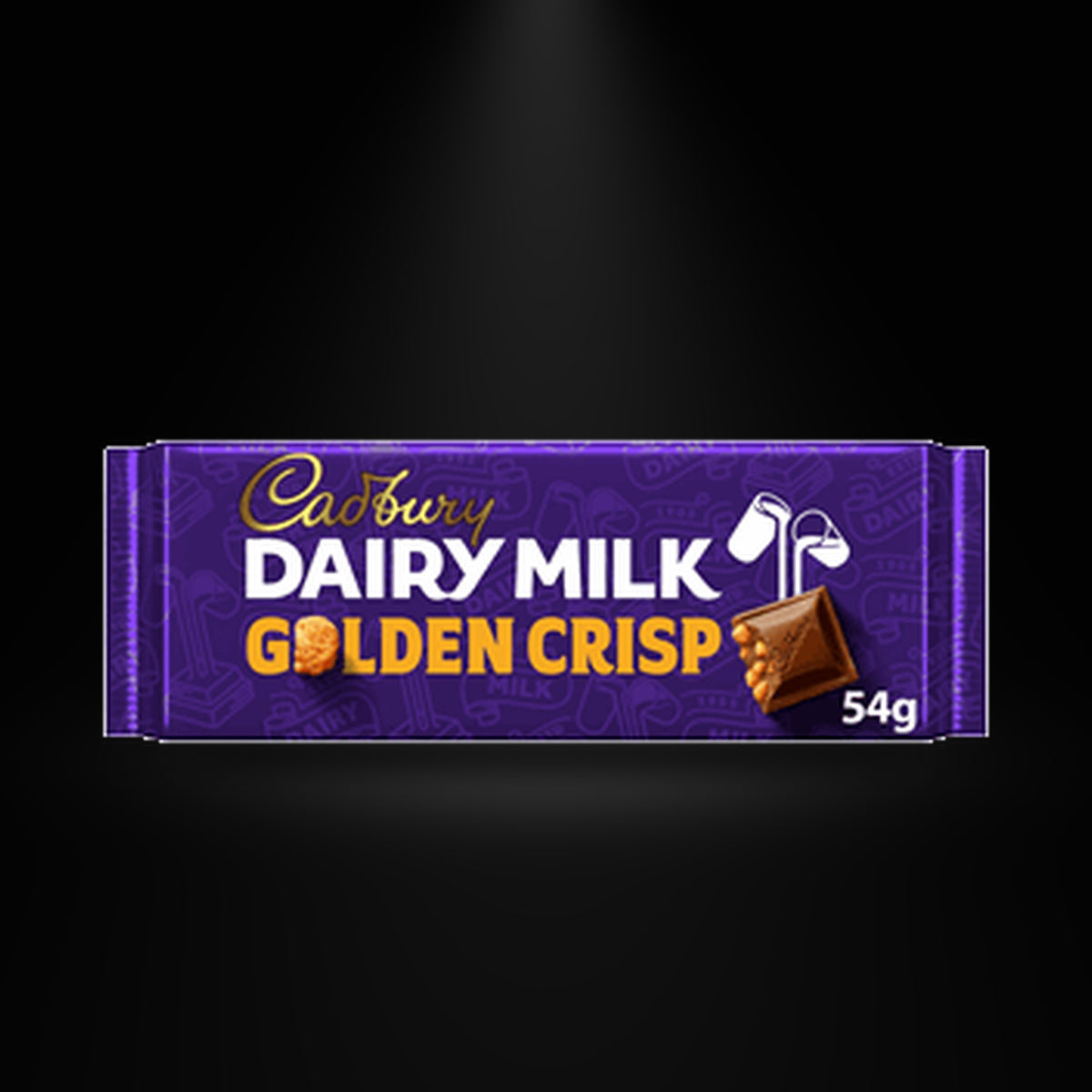 Dairy Milk Golden Crisp 54gm on a black background with an overhead spotlight