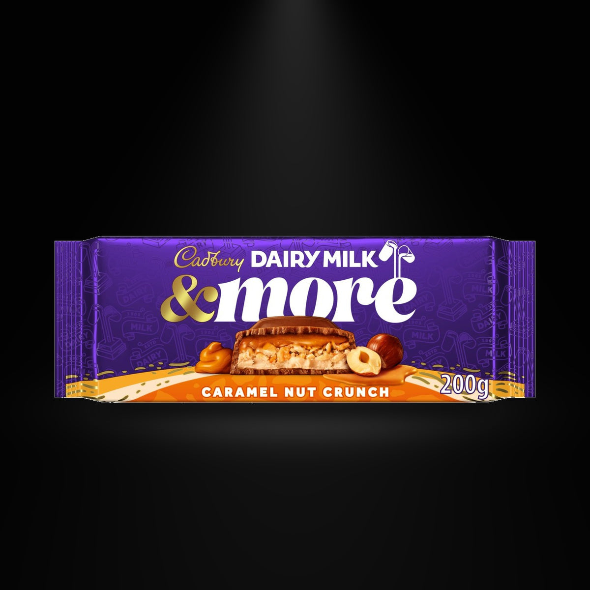 DM Caramel Nut Crunch 200gm on a black background with an overhead spotlight