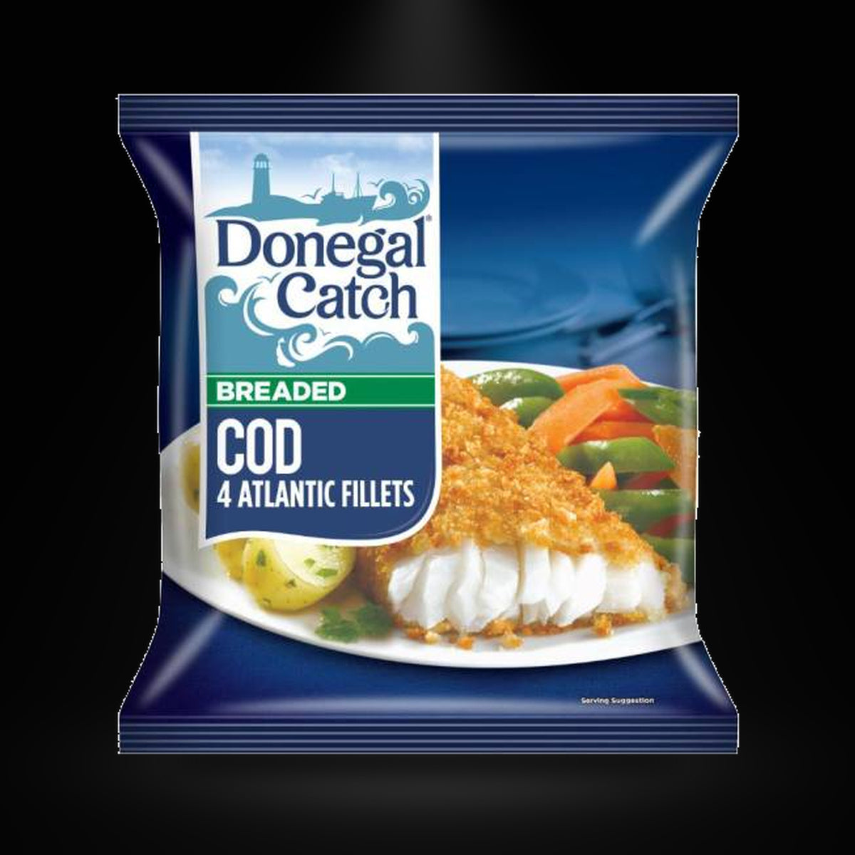 Donegal Catch Breaded Cod on a black background with an overhead spotlight