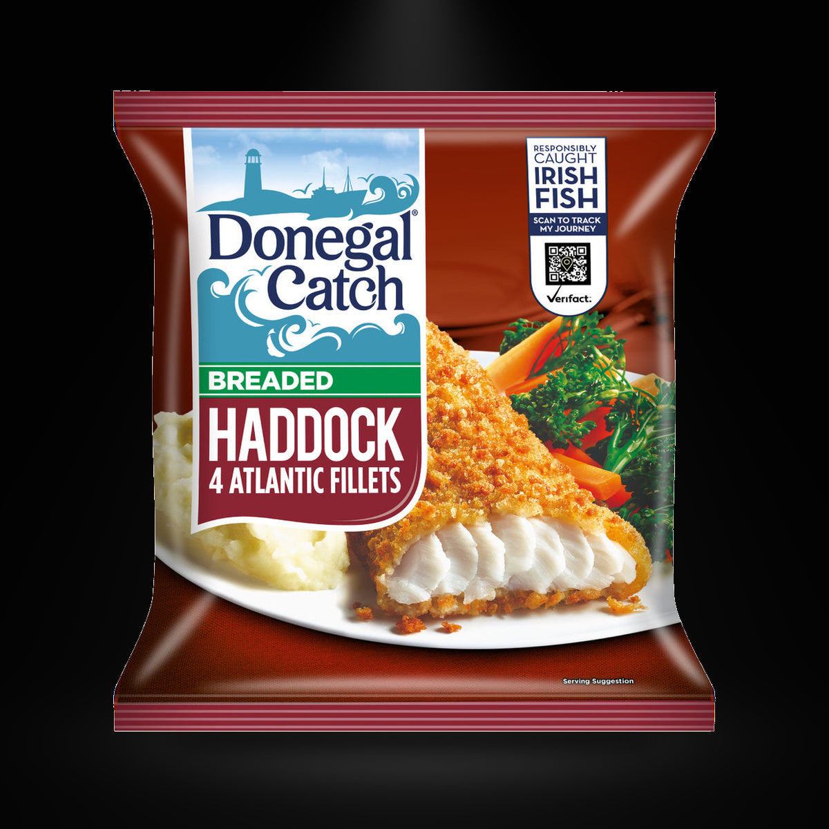 Donegal Catch breaded haddock on a black background with an overhead spotlight