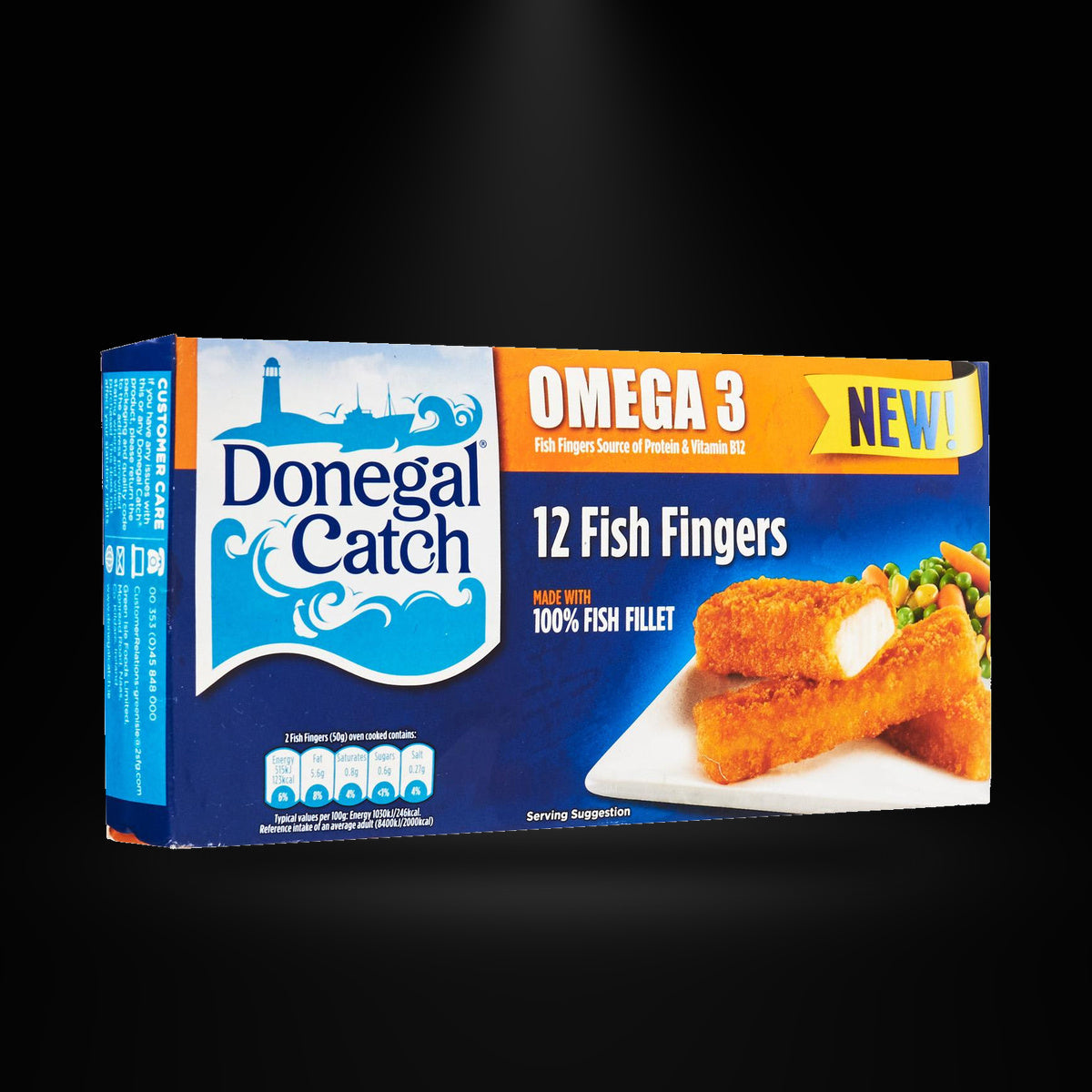 Donegal catch fish fingers on a black background with an overhead spotlight