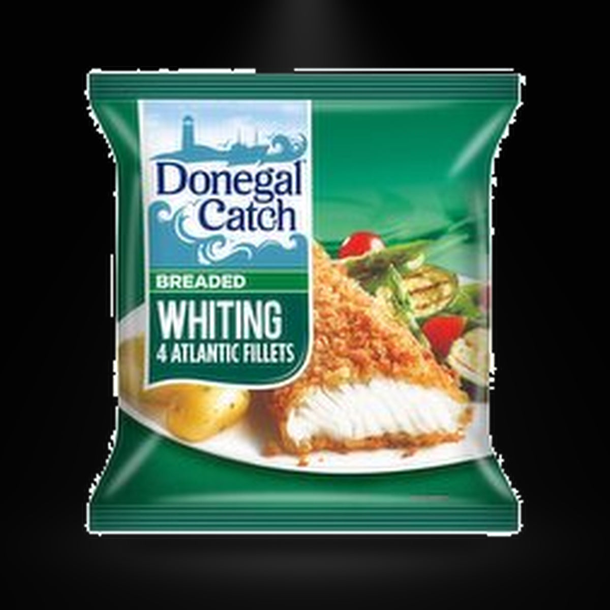 Donegal Catch Whiting Atlantic Fillets 400G on a black background with an overhead spotlight