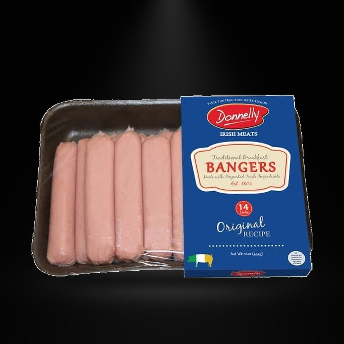 Donelly original Breakfast bangers on a black background with an overhead spotlight