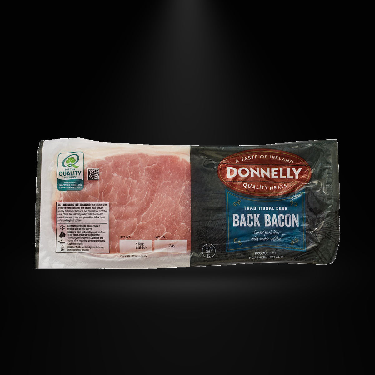 Donnelly Bacon 454gm on a black background with an overhead spotlight