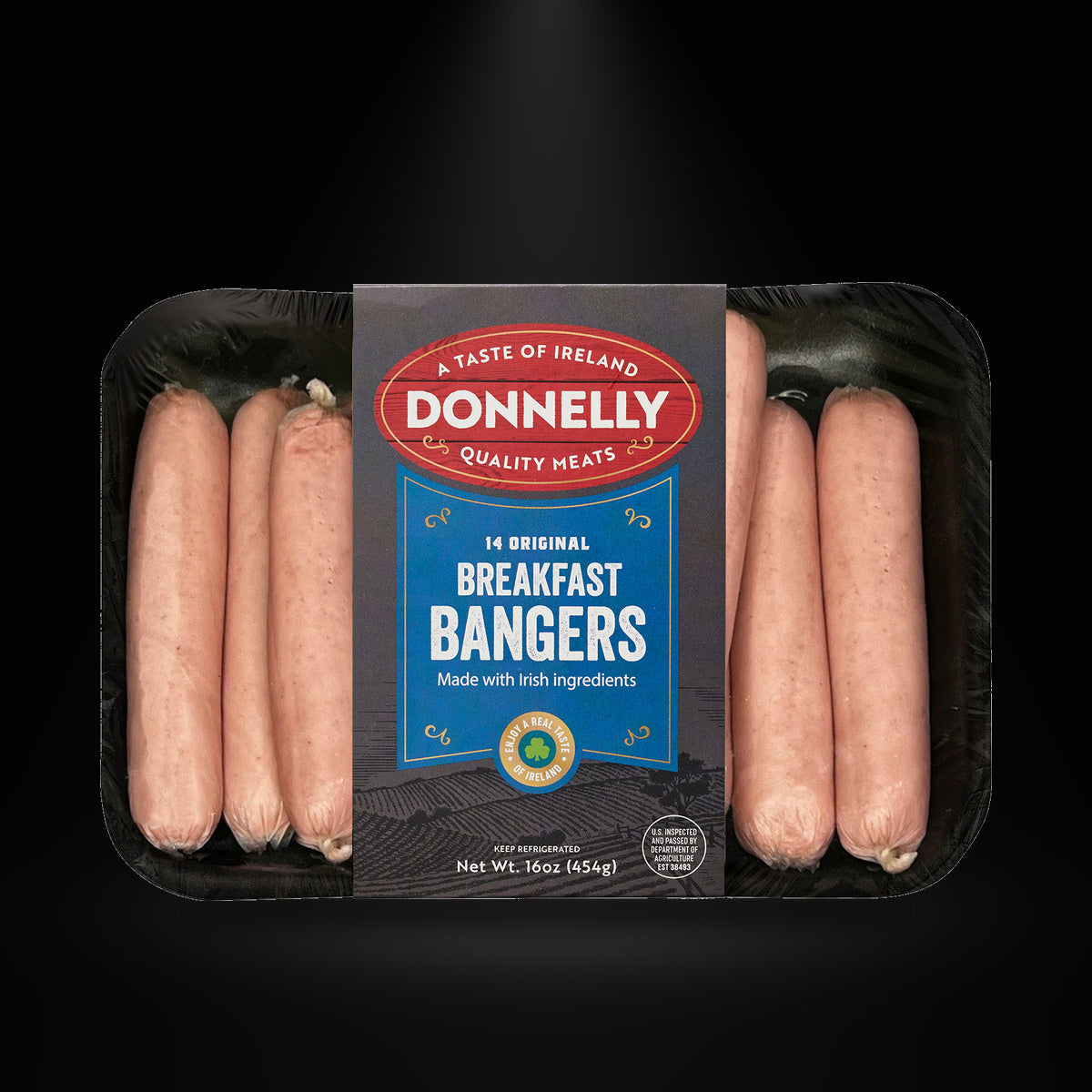 Donnelly Original Bangers on a black background with an overhead spotlight
