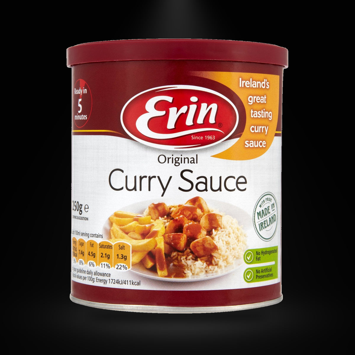 Erin Curry sauce Tub 250g on a black background with an overhead spotlight