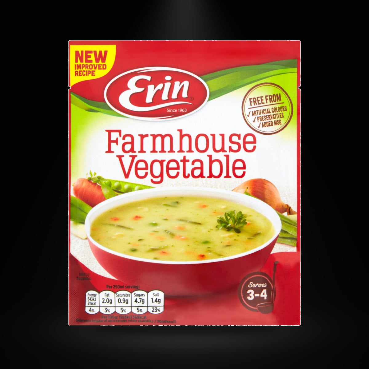 Erin Farmhouse Veg Soup on a black background with an overhead spotlight