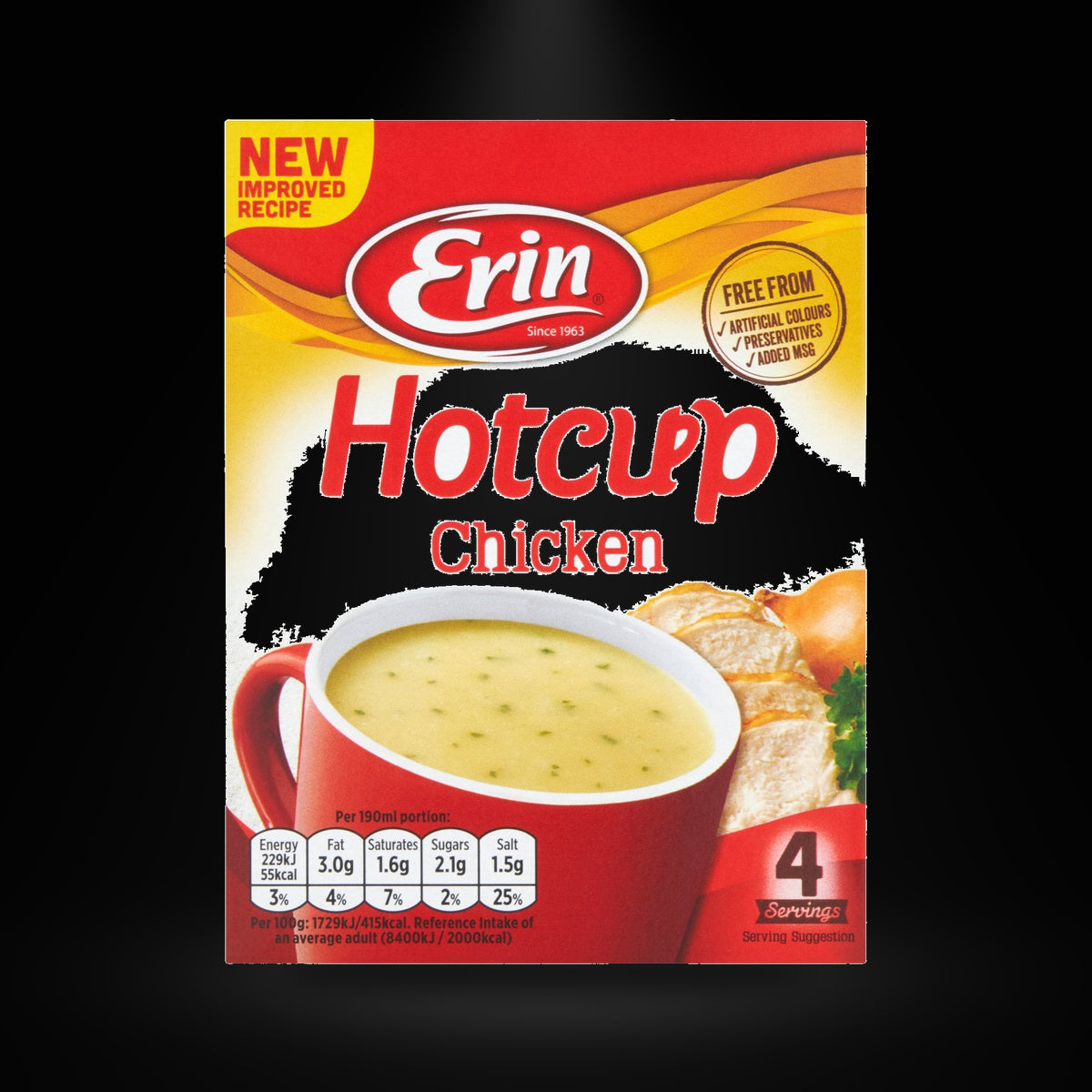 Erin hotcup chicken 53G on a black background with an overhead spotlight