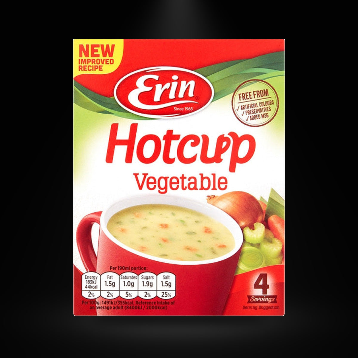 Erin Hotcup Vegtable on a black background with an overhead spotlight