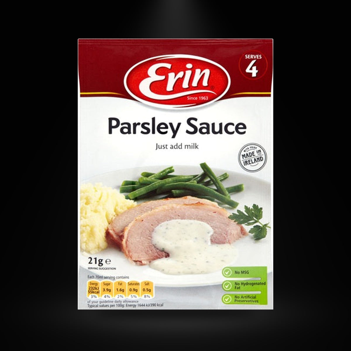 Erin parsley sauce on a black background with an overhead spotlight