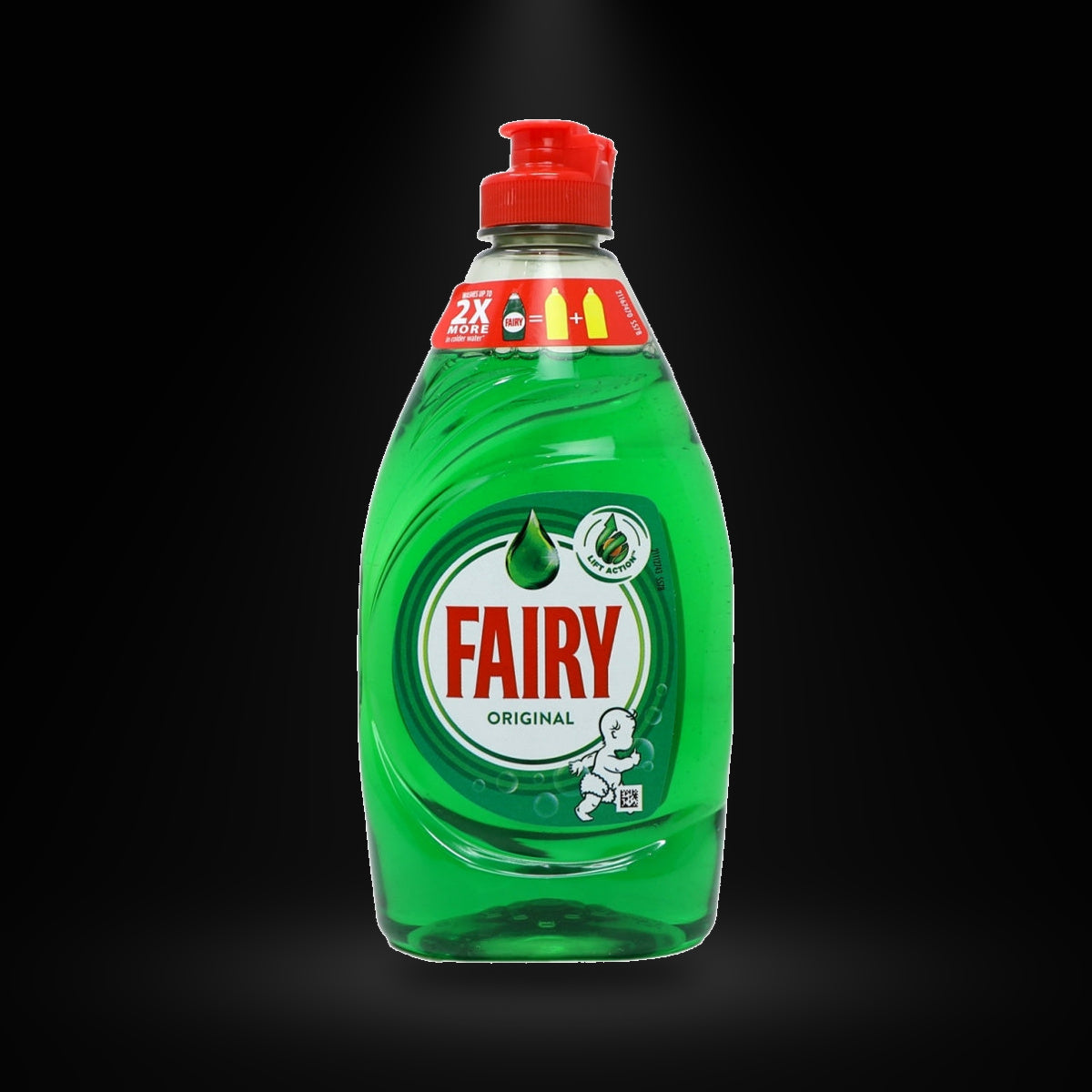 Fairy Wash liquid 320ml on a black background with an overhead spotlight