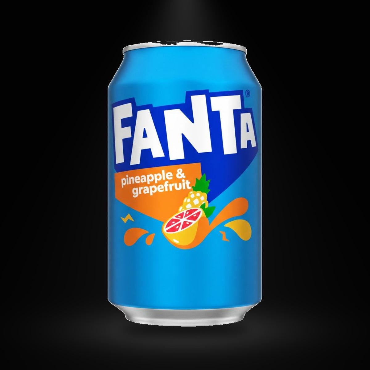 Fanta Pineapple&Grapefruit 330ml on a black background with an overhead spotlight