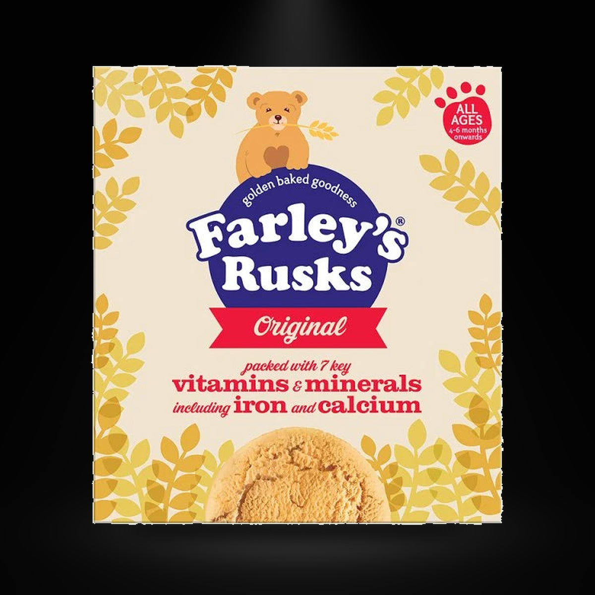Farley's Rusks Original 300g on a black background with an overhead spotlight