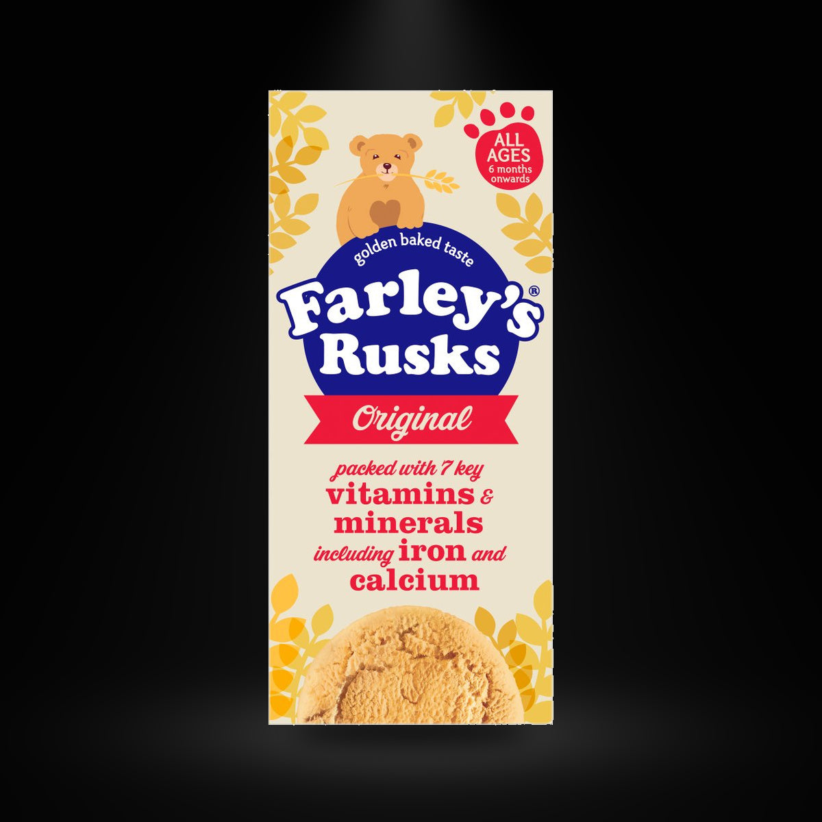 Farleys rusks 150gm on a black background with an overhead spotlight