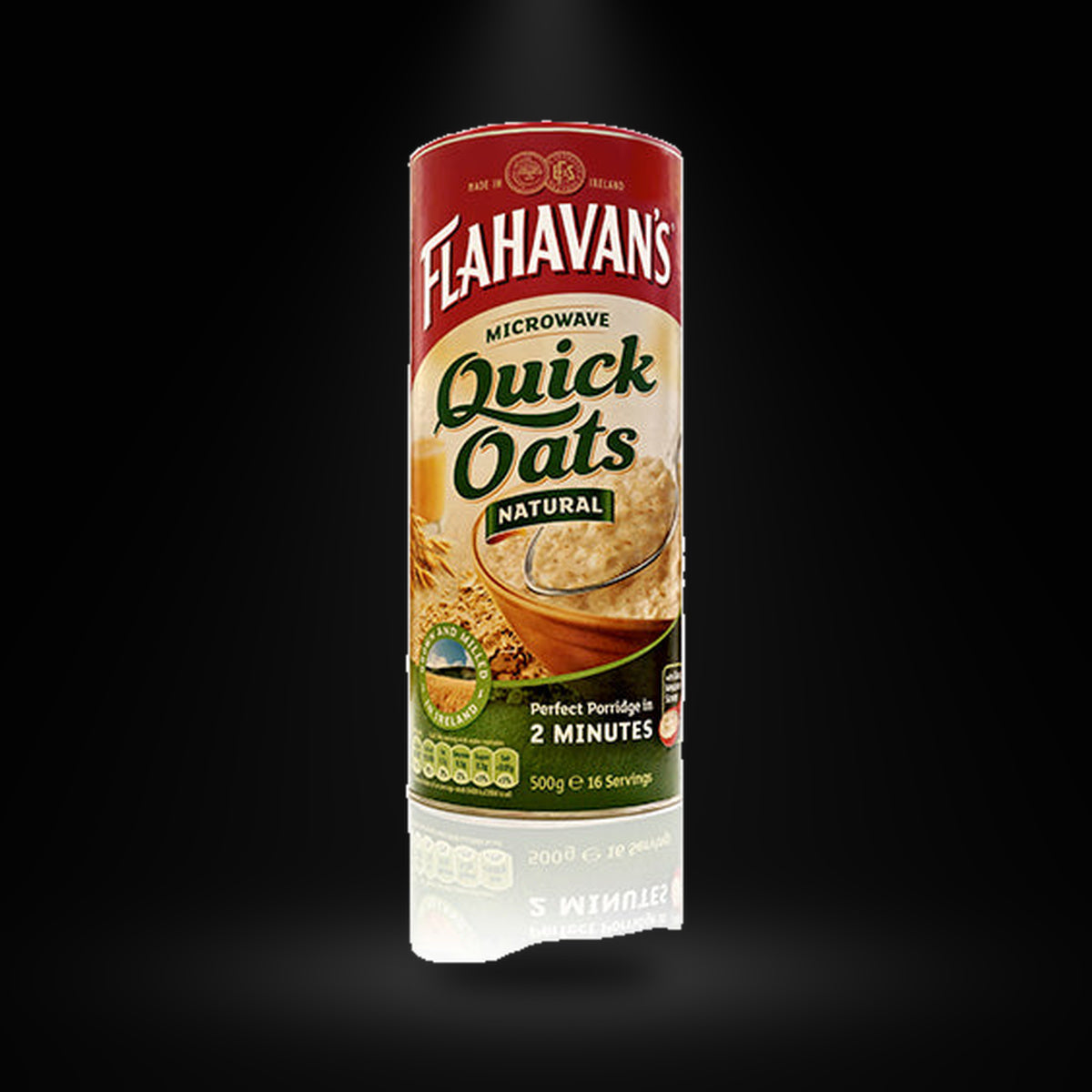 Flahavan's Quick Oats 500gm on a black background with an overhead spotlight