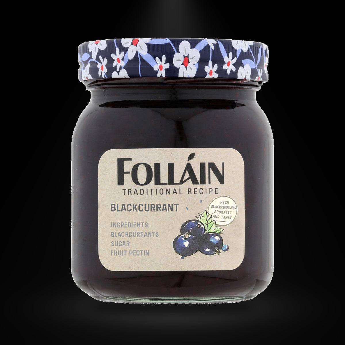 Follain Blackcurrant Jam 370gm on a black background with an overhead spotlight