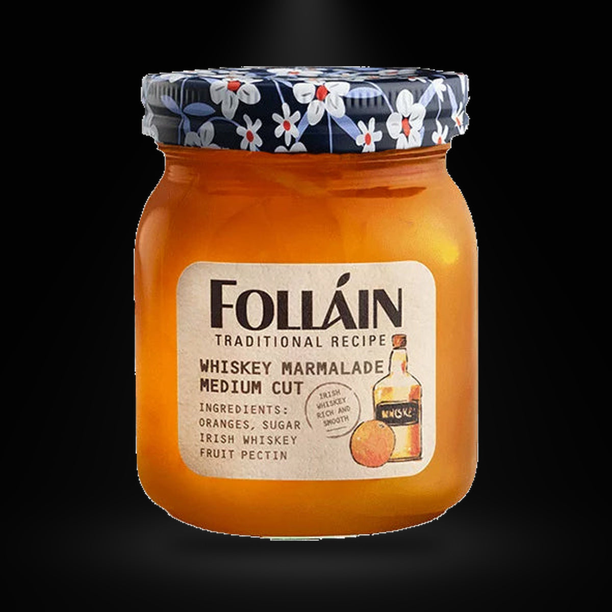 Follain Whiskey Marmalade 370gm on a black background with an overhead spotlight