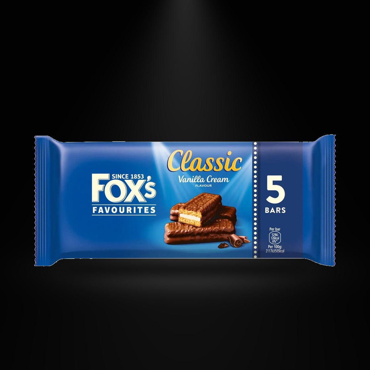 Fox Classic Vanilla Cream 5 Bars on a black background with an overhead spotlight