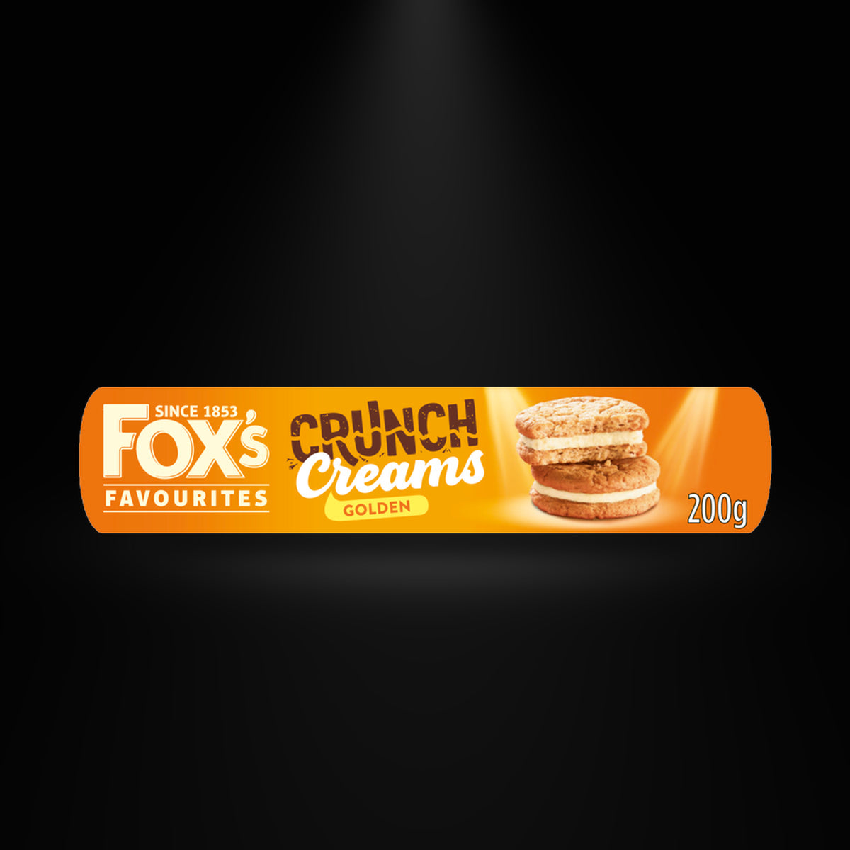 Fox's Crunch Creams Golden 200gm on a black background with an overhead spotlight