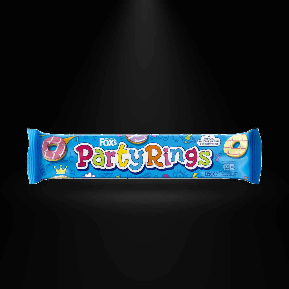 Fox's Party Rings 125gm on a black background with an overhead spotlight