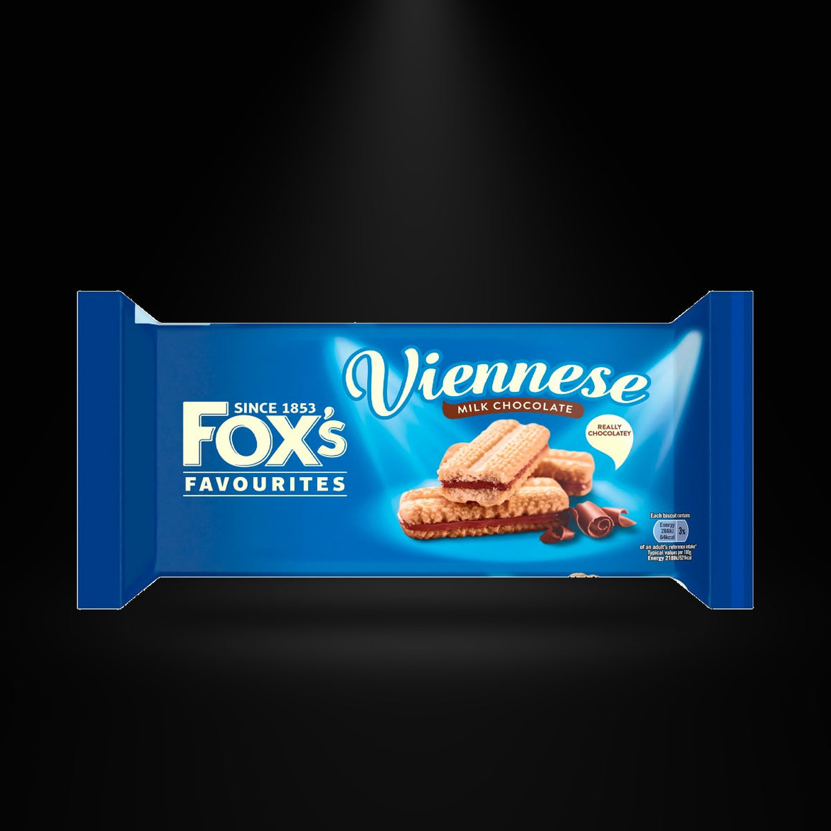 Fox's Viennese 120gm on a black background with an overhead spotlight