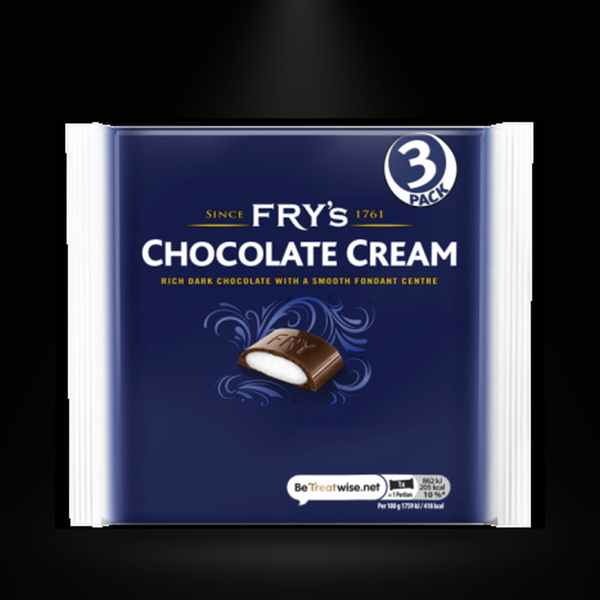 Fry's Chocolate Cream 3 Pack 147g on a black background with an overhead spotlight