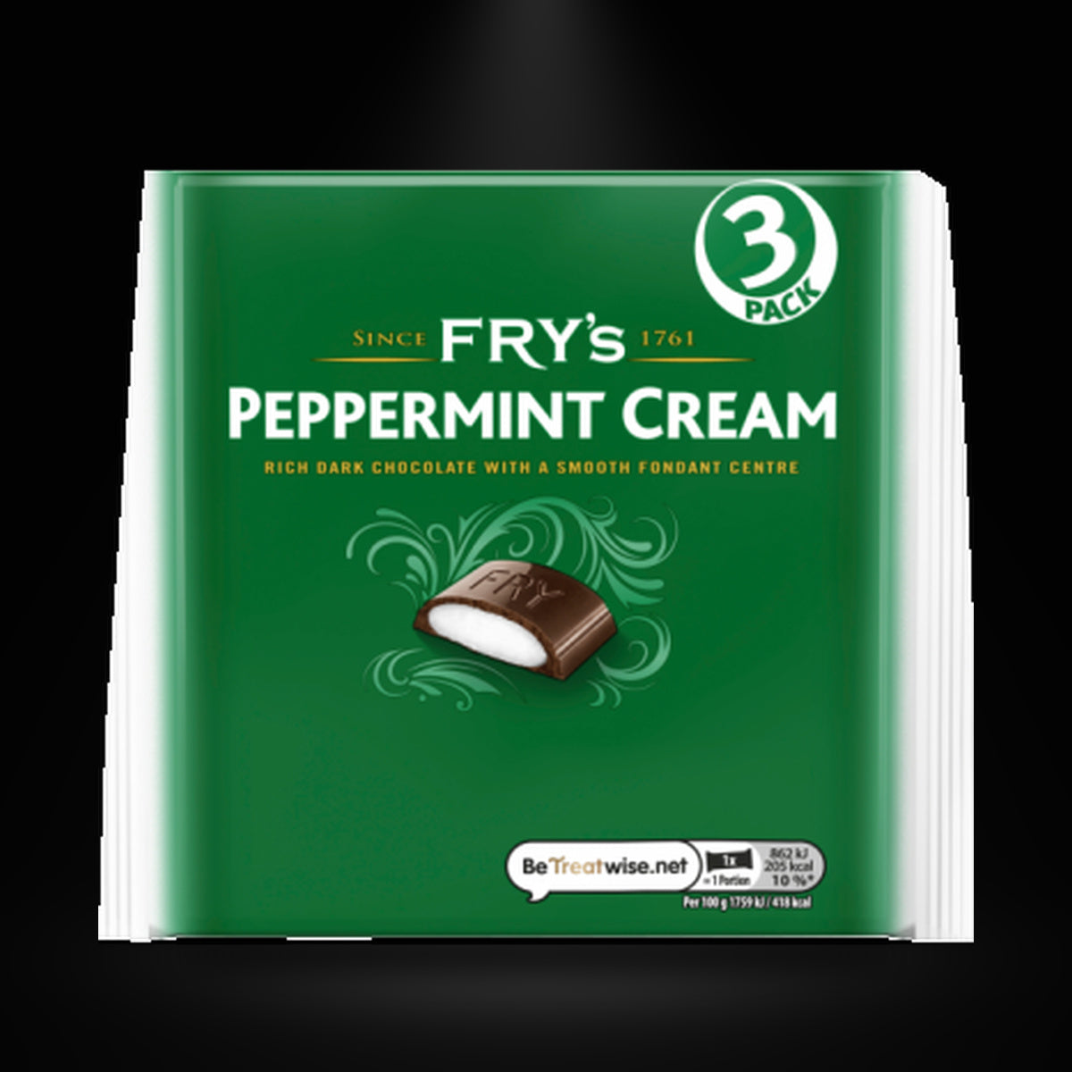 Fry's Peppermint Cream 3 Pack 147g on a black background with an overhead spotlight