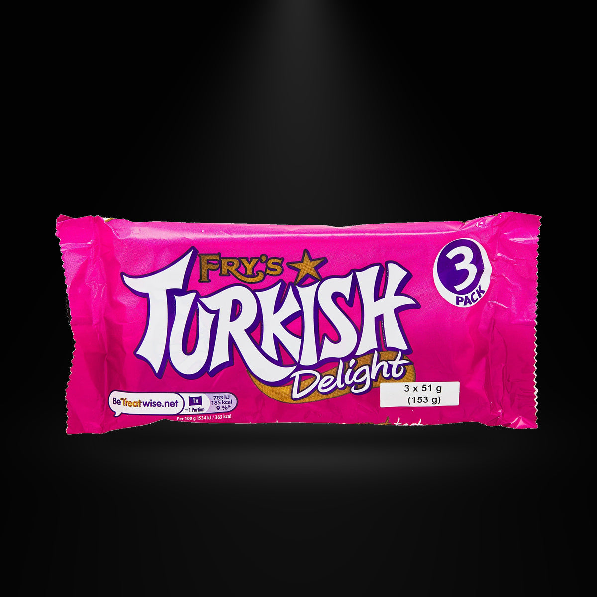 Fry's Turkish Delight 153g on a black background with an overhead spotlight