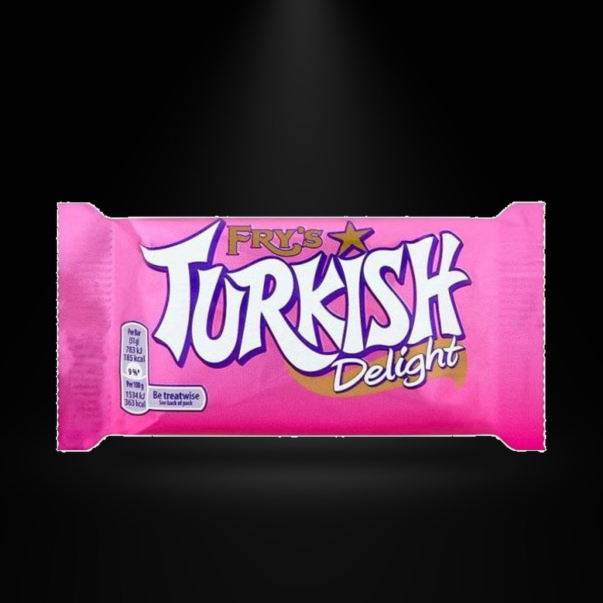 Fry's Turkish Delight 51gm on a black background with an overhead spotlight