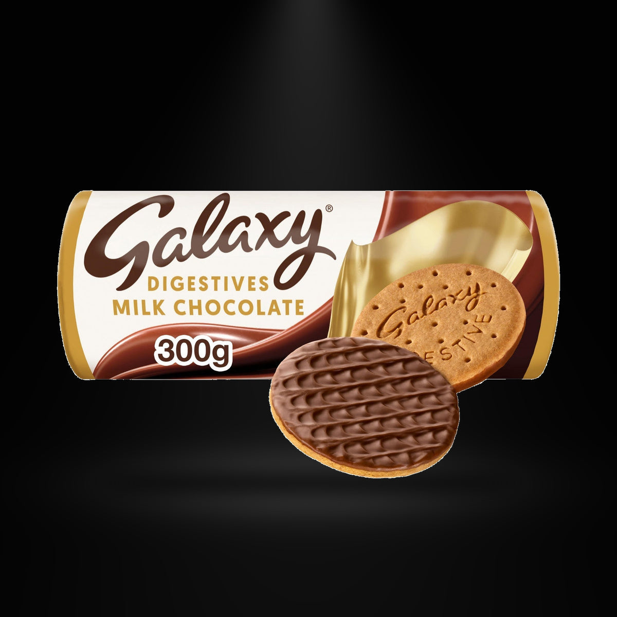 Galaxy Chocolate Digestives on a black background with an overhead spotlight