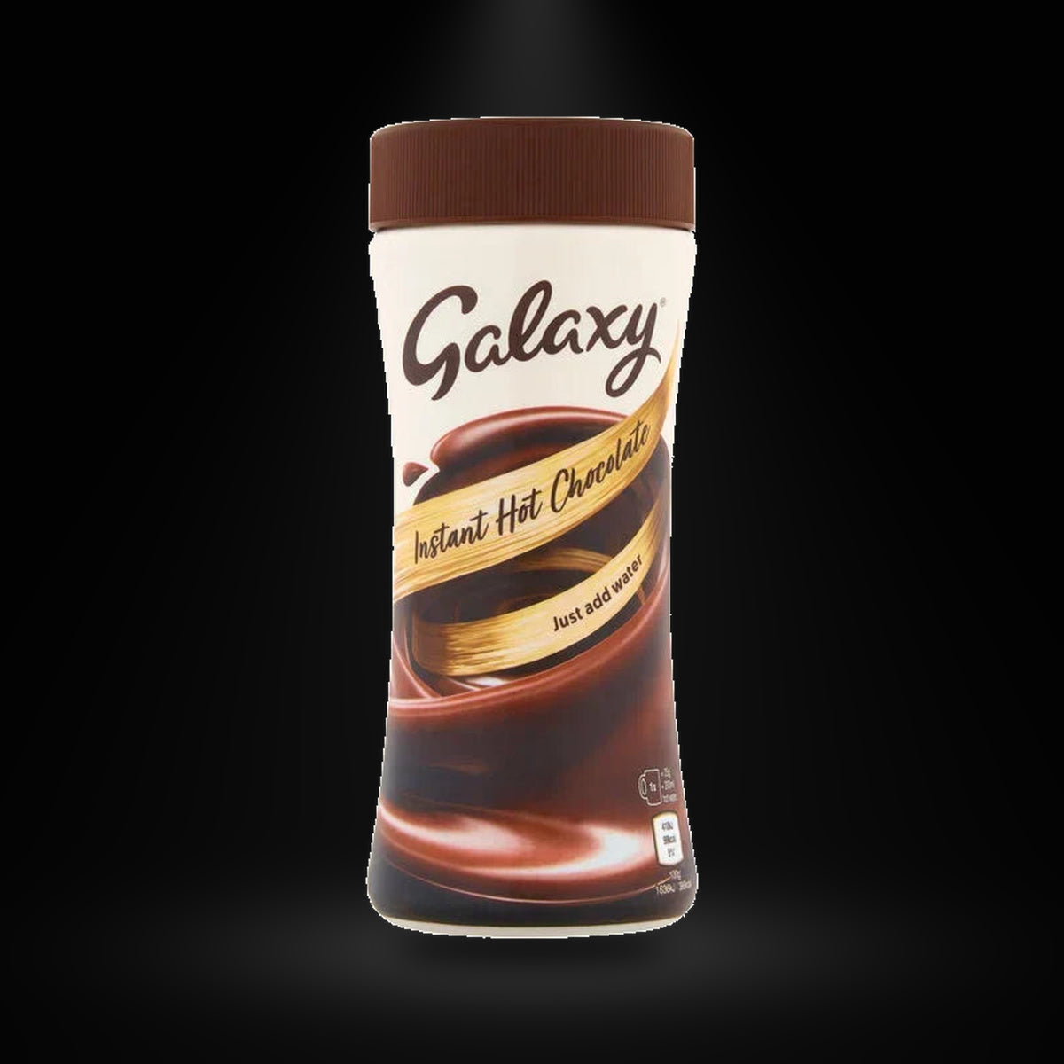 Galaxy Hot Chocolate 250gm on a black background with an overhead spotlight