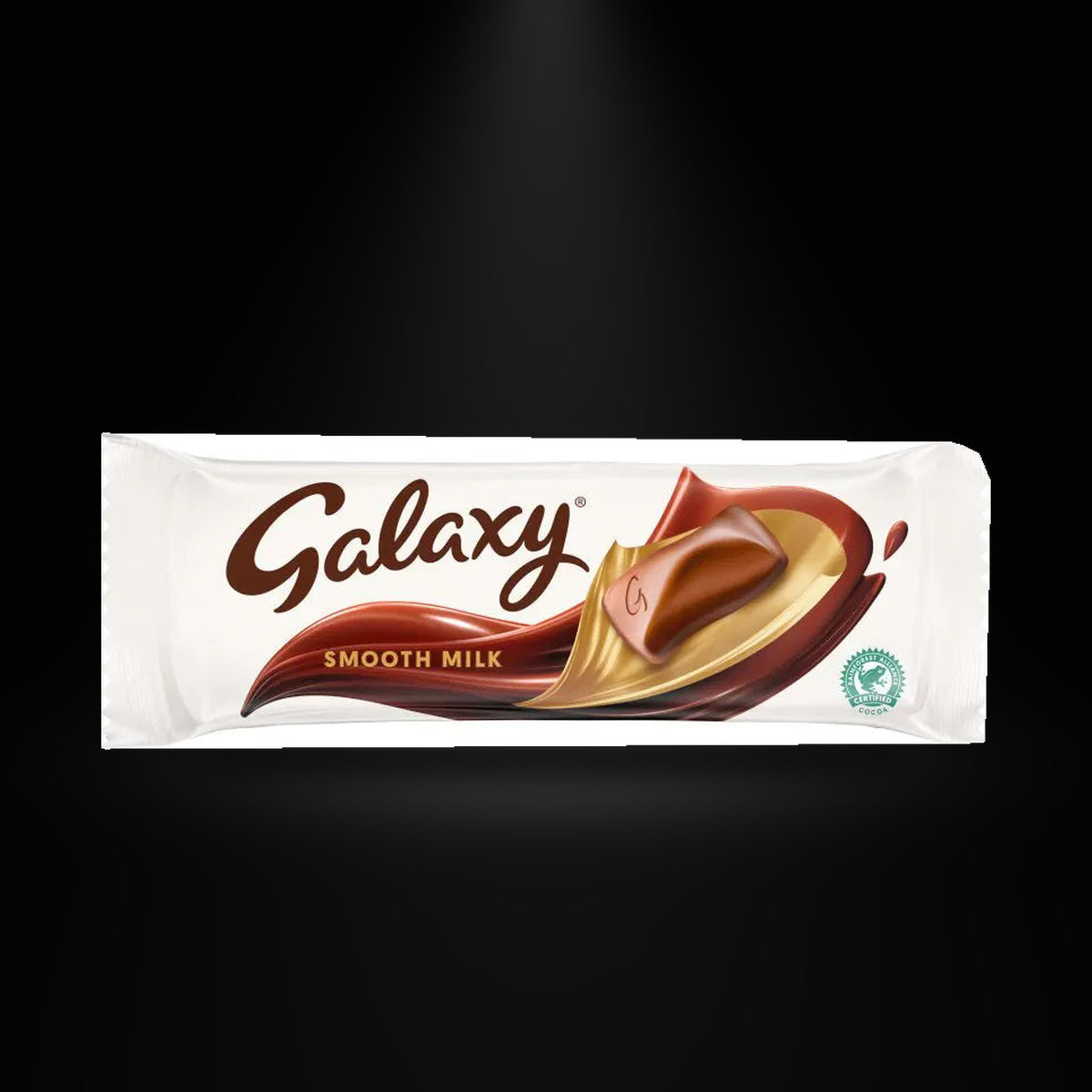 Galaxy Milk Chocolate Bar 42g on a black background with an overhead spotlight