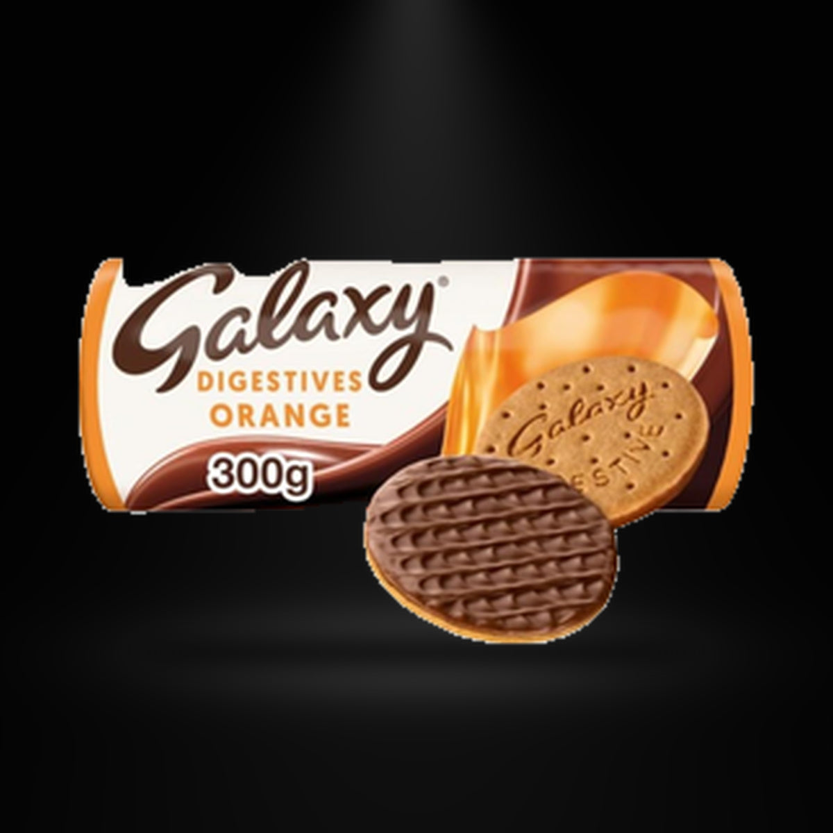Galaxy Orange Digestives 300G on a black background with an overhead spotlight