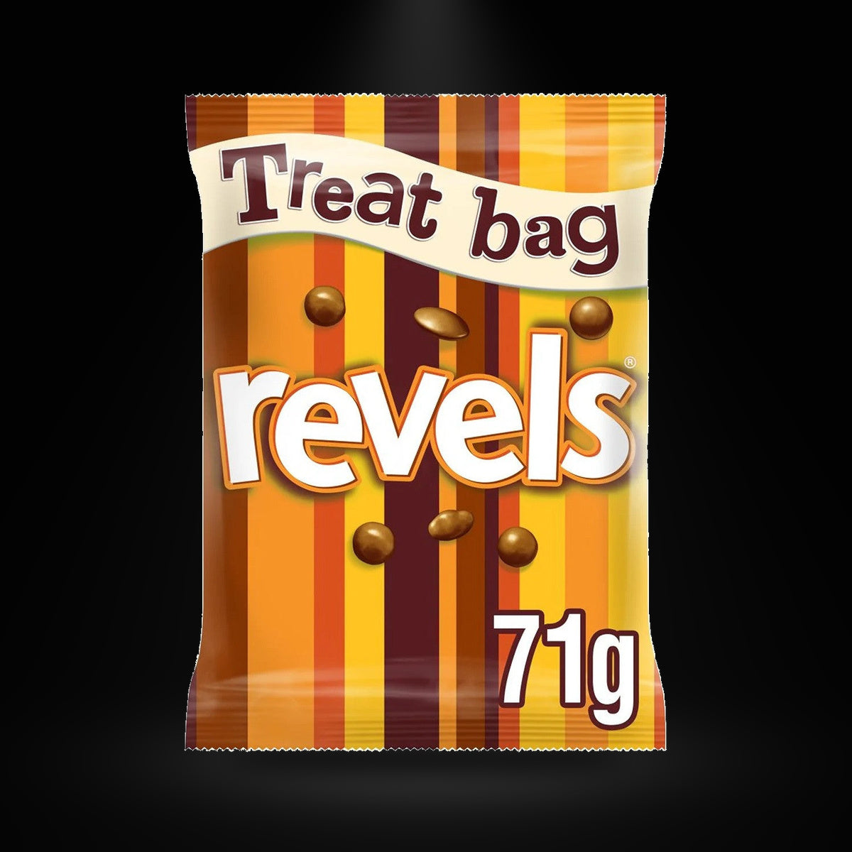 Galaxy Revels 71gm on a black background with an overhead spotlight