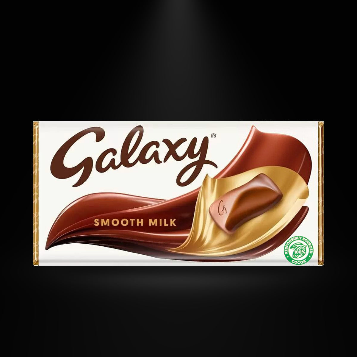 Galaxy Smooth Milk 100gm on a black background with an overhead spotlight
